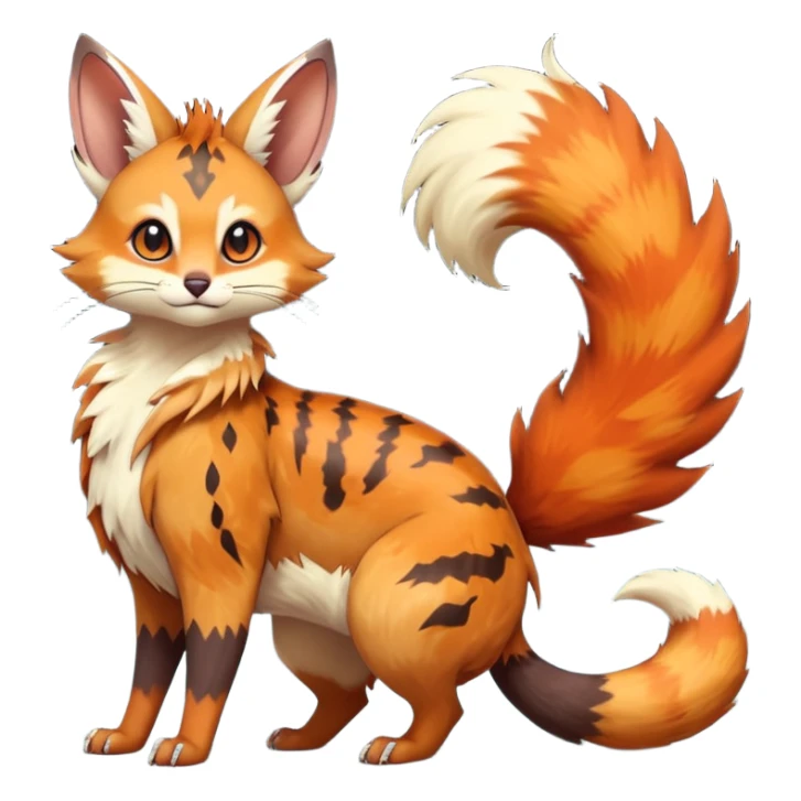 realistic  ember-rust copper fur molten with glowing magma seams and smoky tips beautiful elegant pretty precious cute  Fakémon-Pokémon-opossum-feline-serval-caracal-chinchilla-Furret-Minccino-hybrid-creature with a big fluffy bushy tail (full body) sticker
