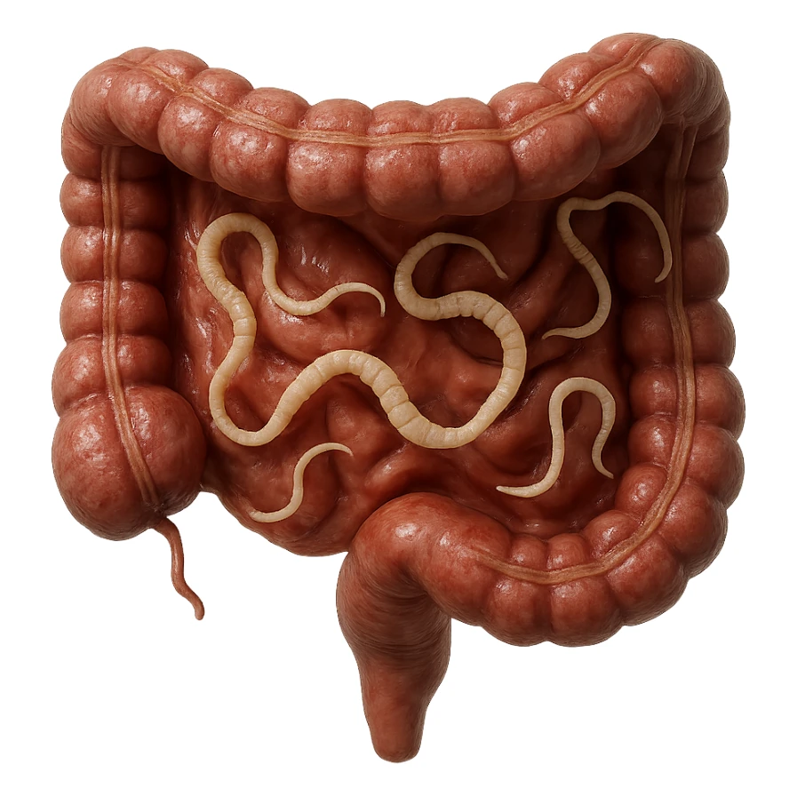realistic 3D section of human intestine with moving tapeworm parasites, hyperrealistic details, wet texture, natural colors, 4K, isolated on white background sticker