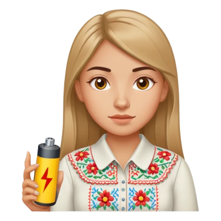 A Ukrainian girl in an embroidered shirt holds a battery sticker