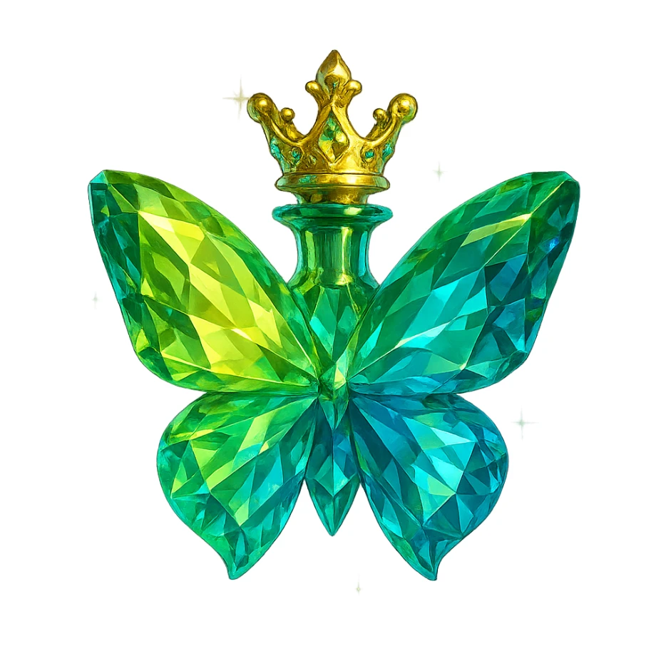 luxurious crystal butterfly-shaped bottle with a short neck and princess crown, many facets, glowing and light refractions, green (#c0ff53) and blue colors, golden details, subtle magical effects, bottle clearly floating in air with no base or shadow, bottom beautifully merging, design very close to original, transparent background sticker