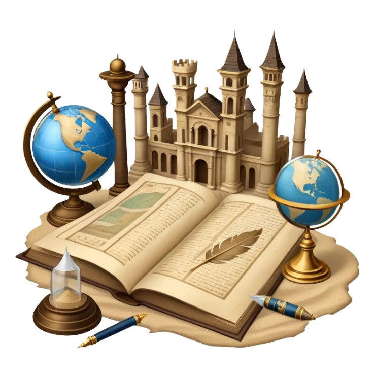 An icon featuring ancient scrolls, a quill pen, and large, old-fashioned sand clocks, symbolizing the study of history. The design includes a globe and a timeline with significant historical events, set against ruins to evoke past civilizations. Transparent background highlights the passage of time. sticker