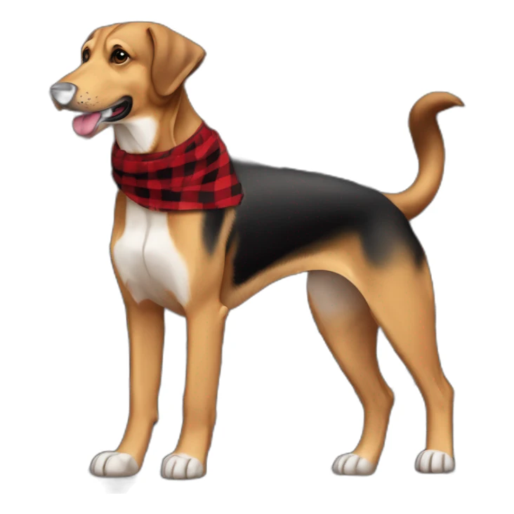adult 75% Coonhound 25% German Shepherd mix dog with visible tail wearing small pointed red buffalo plaid bandana full body walking left quickly sticker