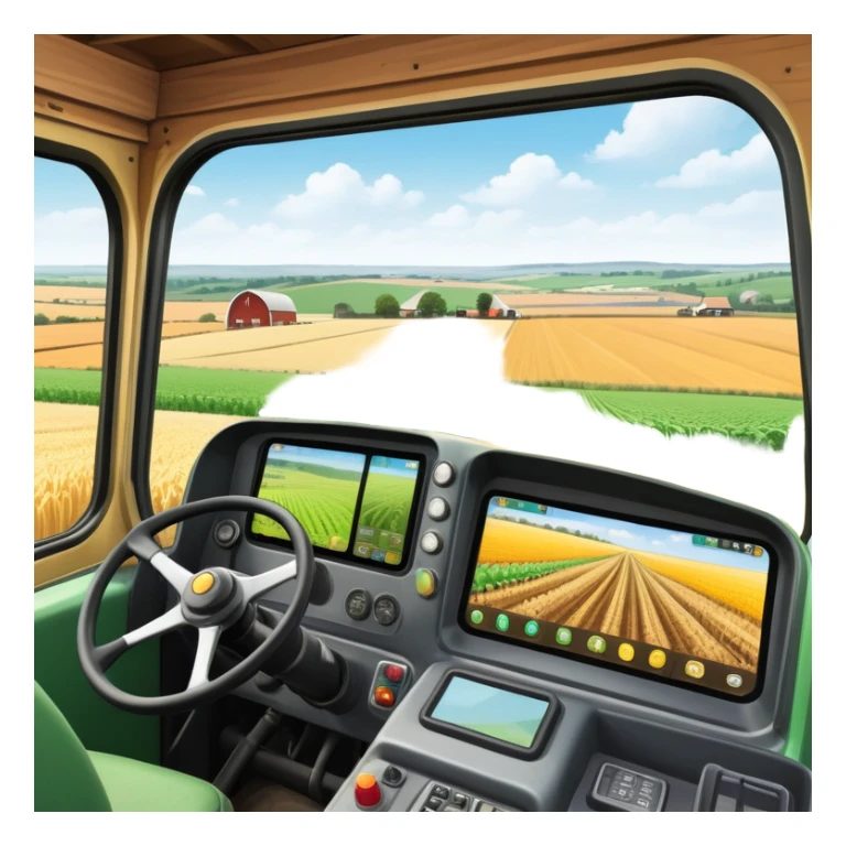 a view from the tractor cabin, with the dashboard in focus, overlooking a vibrant rural landscape. Inspired by Farming Simulator 22, the scene includes fields, crops, and distant barns under a bright sky. The design highlights the immersive experience of farm management. transparent background sticker
