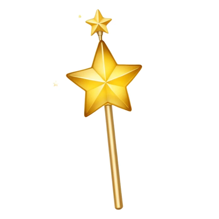 Magic wand with gradient yellow stars, golden handle with star tip, magical sparkles flying out, similar to Apple emoji style sticker