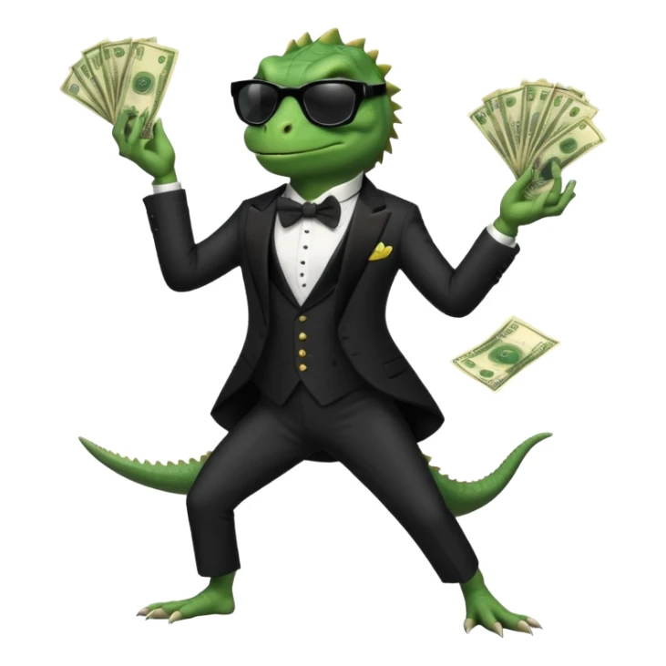 capitalist iguana banker in tuxedo and black sunglasses dancing crazy with money sticker