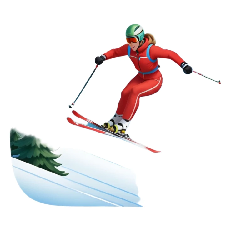 An icon featuring snowy peaks, pine trees, and a picturesque mountain landscape with a skier racing down a snow-covered slope, The sky is blue with soft clouds, capturing the thrill and beauty of alpine skiing. Transparent background highlights the excitement and serenity of winter sports. sticker