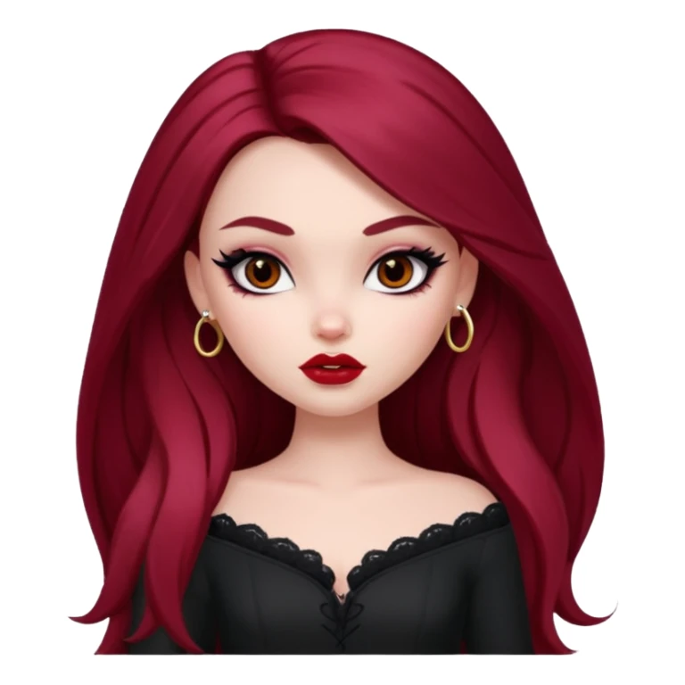 pale skin, girly bratz baddie, beautiful dark brown eyes, sharp black eyeliner, long dark red hair sticker