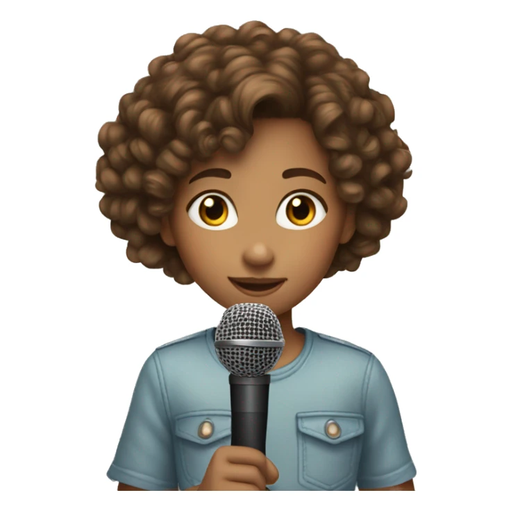 10 year old girl, brown curly hair, microphone,  sticker