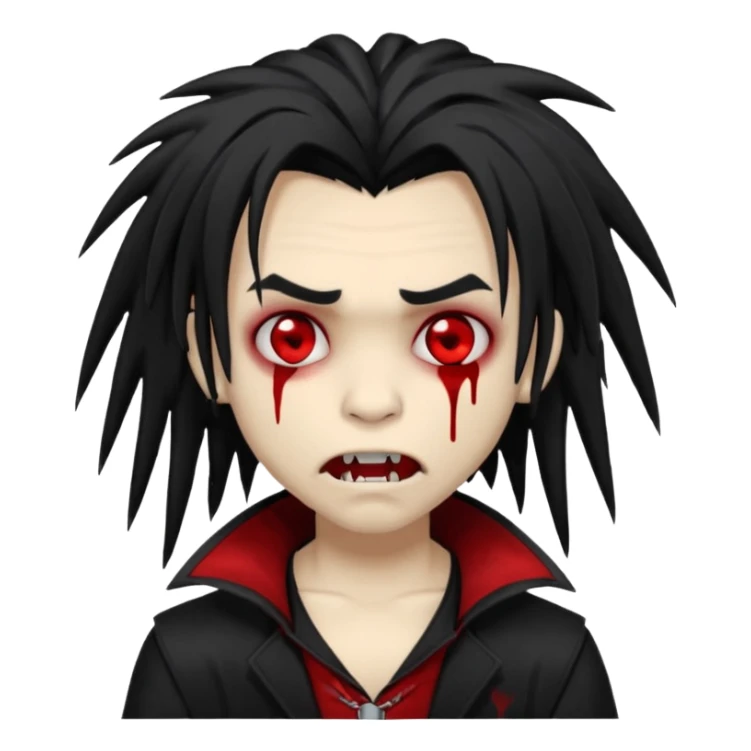 Boy, vampire, black hair, medium long emo rapper dreads, emo, shaggy, dark, spooky, creepy, fangs, dark skin, red eyes, blood, cute sticker