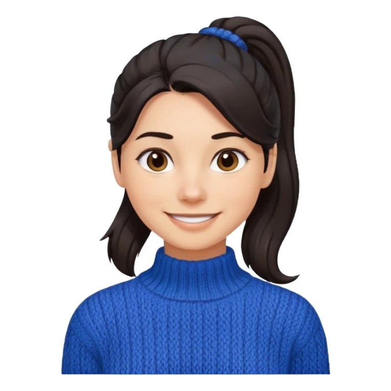 cewe tersenyum lembut rambut hitam  kuncir satu kayak cute gitu tapi gausah adakepangnya  dan sudah agak dewasa gitu bajunya yang cute sweater biru sticker