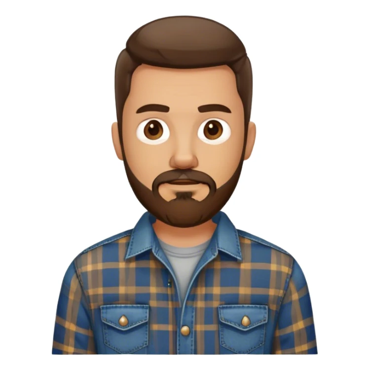 white man with dark brown beard and goatee  standing, wearing jeans and a plaid shirt sticker