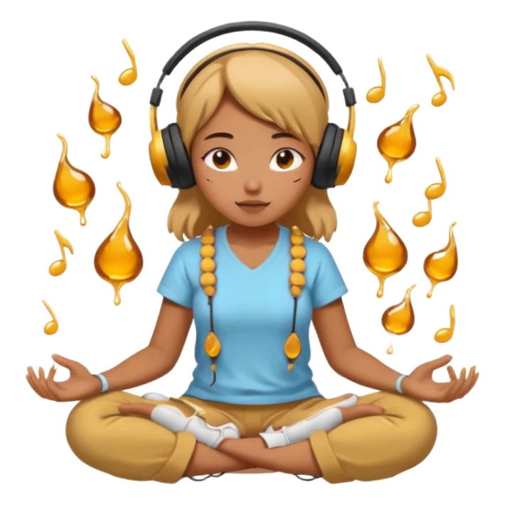 This girl(🧘🏻‍♀️) is sitting cross-legged in a meditation pose, wearing headphones(🎧) and listening to music. The song is so good that honey is dripping from her ears, and her expression is completely dazed because she’s enjoying the music so much. sticker