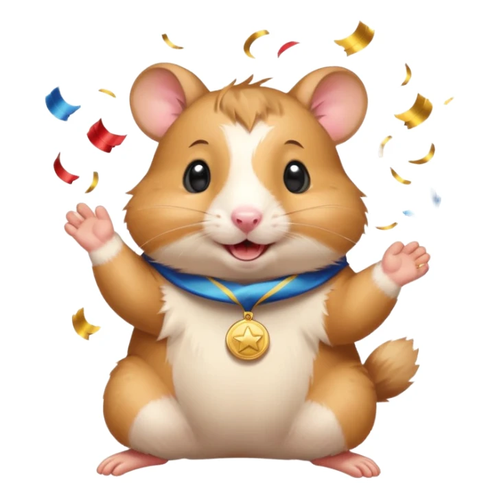 Cute cartoon-style hamster throwing confetti, holding a tiny medal, joyful expression. Painterly shading, white background, sticker-style illustration sticker