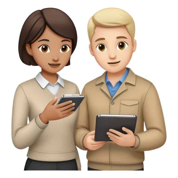 Two team members facing each other, one holding a notepad and the other gesturing, in a collaborative pose sticker