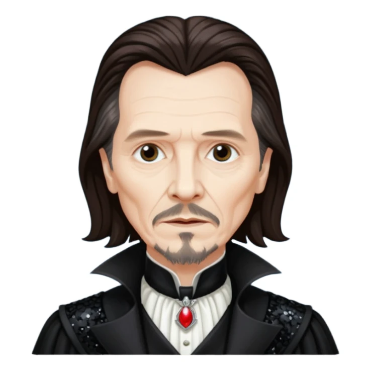 Gary Oldman as Dracula with long dark brown hair, black sequin outfit, without glasses sticker