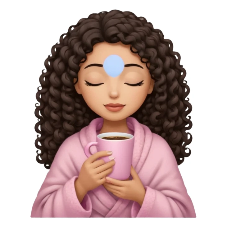 hispanic woman, light brown skin, black long 3b curls, closed eyes, feminine face, holding soft pink coffee cup with beige blanket over shoulders sticker