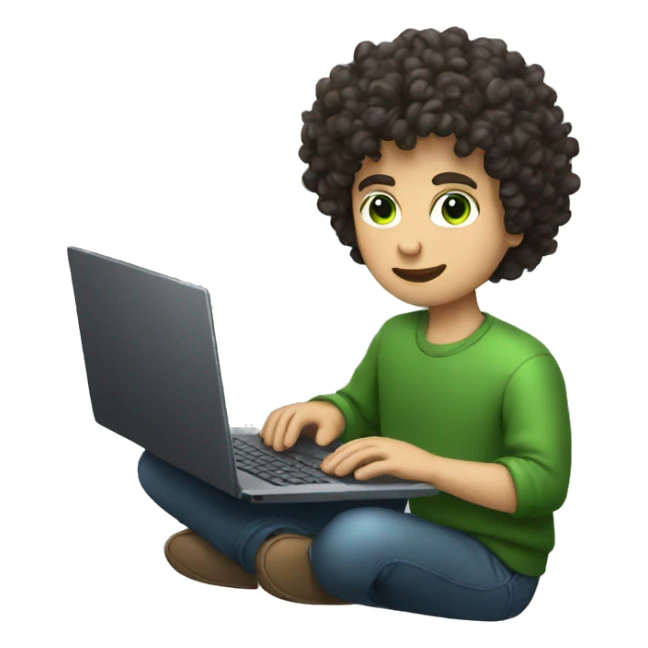 curly guy with dark hair and green eyes typing on a laptop sticker