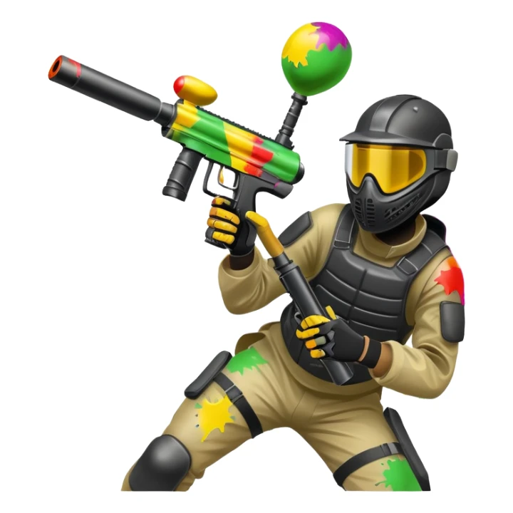 A dynamic scene of a player in action, holding a paintball gun and wearing protective gear. The background shows a vibrant paintball field with obstacles, colorful splatters of paint in the air, and an intense, competitive atmosphere. sticker