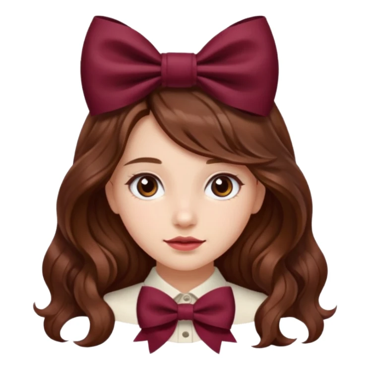 girl wavy long brown hair with a burgundy bow sticker