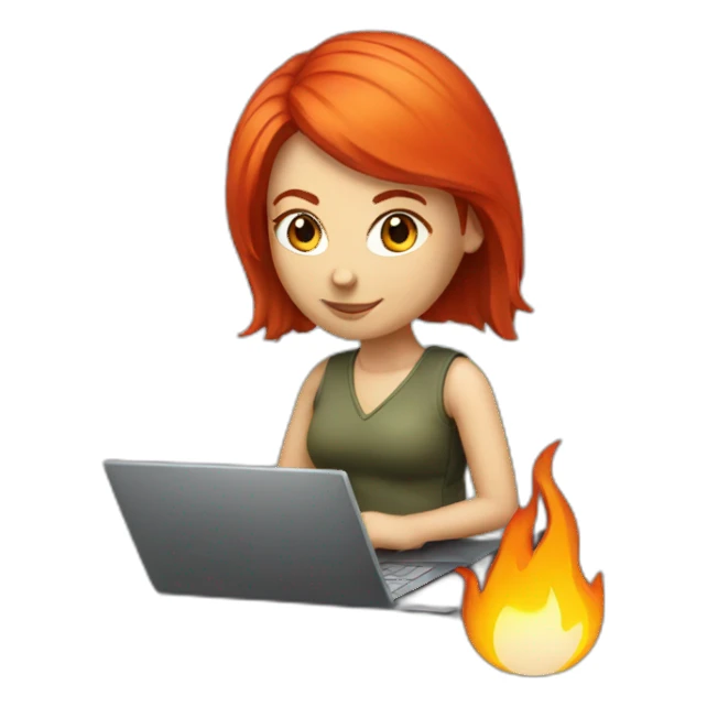 developer red hair woman with a laptop and a fire sticker