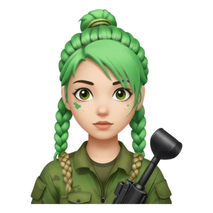 paintball player face girl braided green hair sticker