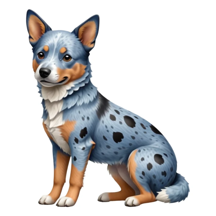 cinematic-[australian catle dog]-realistic-full-body-sitting-emoji,-tail-resting-loosely-beside-its-paws,-head-tilted-dramatically,-sleek-[vibrant-blue-speckle-fur]-fur,-simplified-yet-realistic-focused-features,-highly-detailed,-glowing-with-an-almost-sarcastic-glow sticker