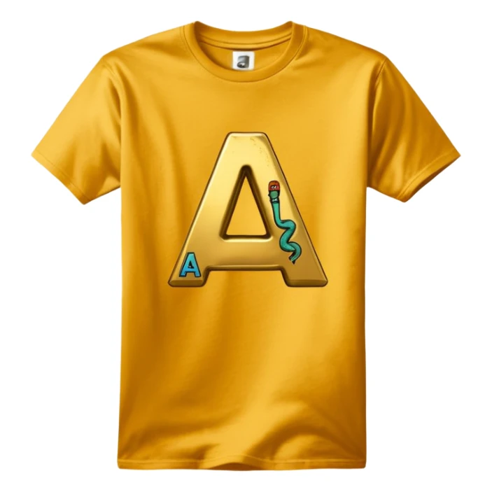 Gold T-shirt reads Snakepit Skatepark with the letter A sticker