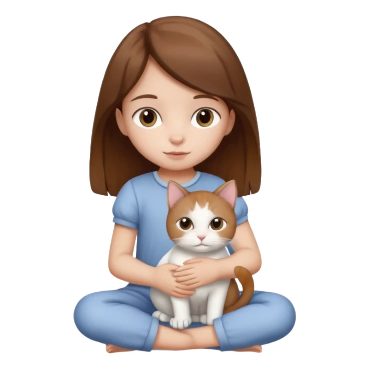 small girl with brown hair holding a white cat, sitting sticker
