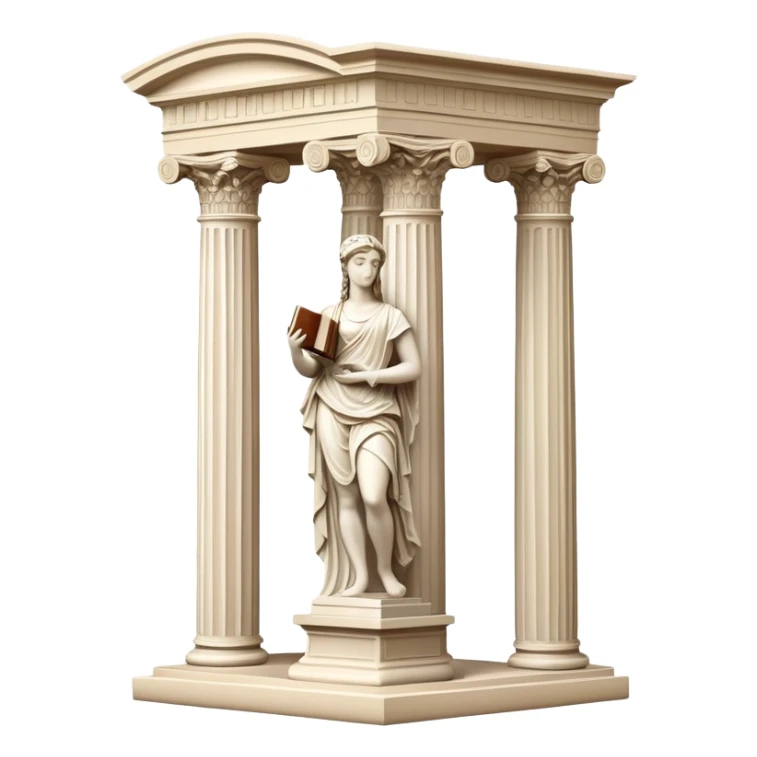 An icon featuring a paint palette, a sculpture, and a book, symbolizing the study of culture and art. The design includes a classical column and a canvas, representing art history and cultural exploration. Transparent background highlights the connection between creativity and history. sticker