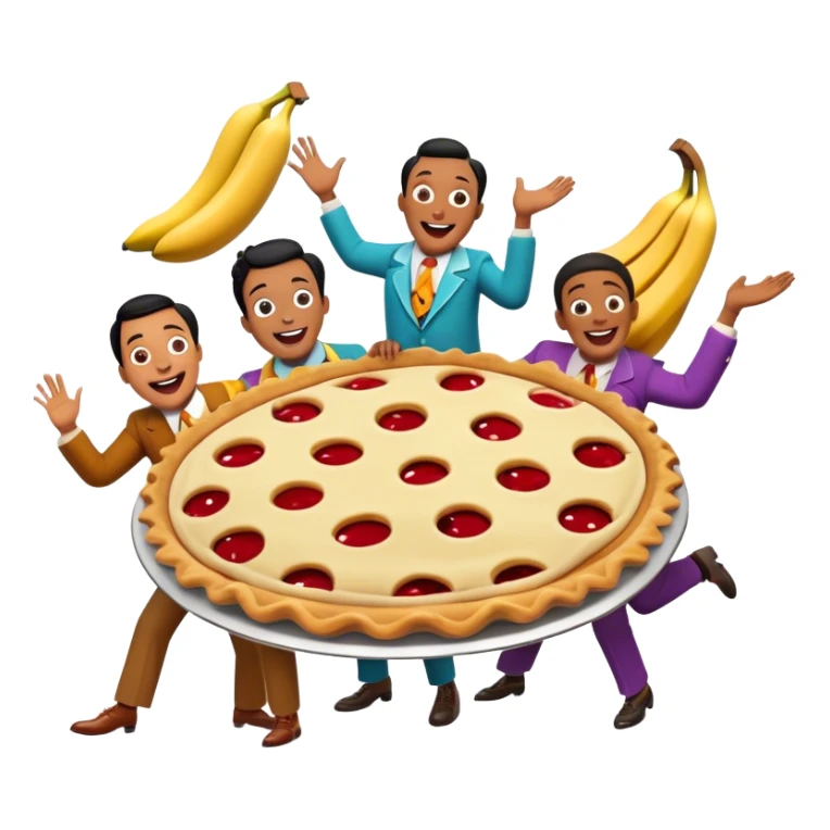 A vintage movie poster-style design featuring slapstick humor elements—funny characters in exaggerated poses, oversized props, and bright colors. Include elements like pies in faces, a falling banana peel, and cheerful expressions. Retro cinematic style. Transparent background. sticker