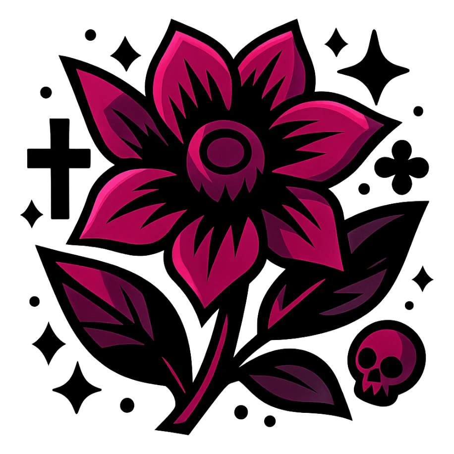 gothic flower, bold colors, dynamic shading, energetic, gothic motifs, black and magenta sticker