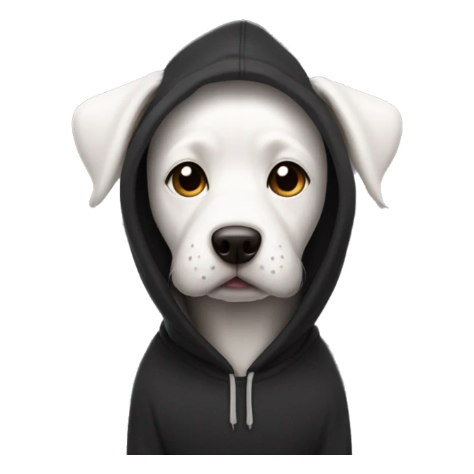 White dog wearing black hoodie with hearts  sticker