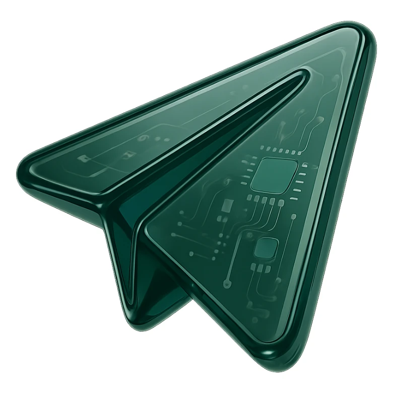 minimalist Telegram logo airplane only, dark green color, no background, no square, no beige inserts, glossy 3D effect, transparent background sticker