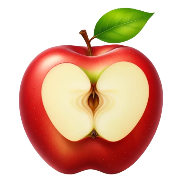 The image shows a bright red, glossy, and plump apple that looks fresh and delicious. A large bite has been taken out of the right side, revealing the juicy, pale yellow flesh inside. At the top of the apple, the stem is still attached along with a fresh green leaf, adding a natural and lively touch. The pure white background makes the vibrant red color and the round shape of the apple stand out even more. sticker