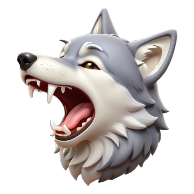 Cinematic Cute Yawning Wolf Portrait Emoji, Head tilted slightly with a dramatic, wide-open yawn, showcasing a smooth grey and white Fur with drooping ears, round eyes barely open in drowsy contentment, Simplified yet irresistibly adorable features, highly detailed, glowing with a soft, cozy glow, high shine, relaxed yet expressive, stylized with a touch of wild whimsy, bright and endearing, soft glowing outline, capturing the essence of a sleepy yet affectionate wolf, so drowsy it feels like it could stretch out of the screen and curl up for a nap! sticker