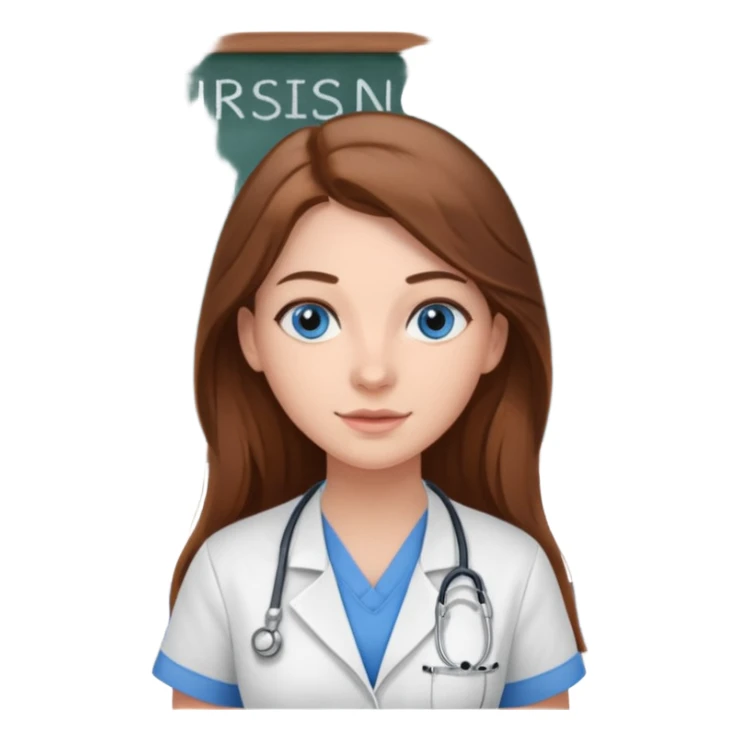 inside a classroom at university that says nursing school on the board with a pretty female nursing student with long brown hair, blue eyes sticker