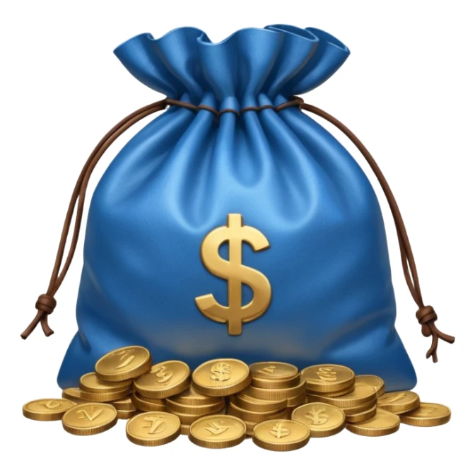 blue coins inside an opened brown money bag  sticker