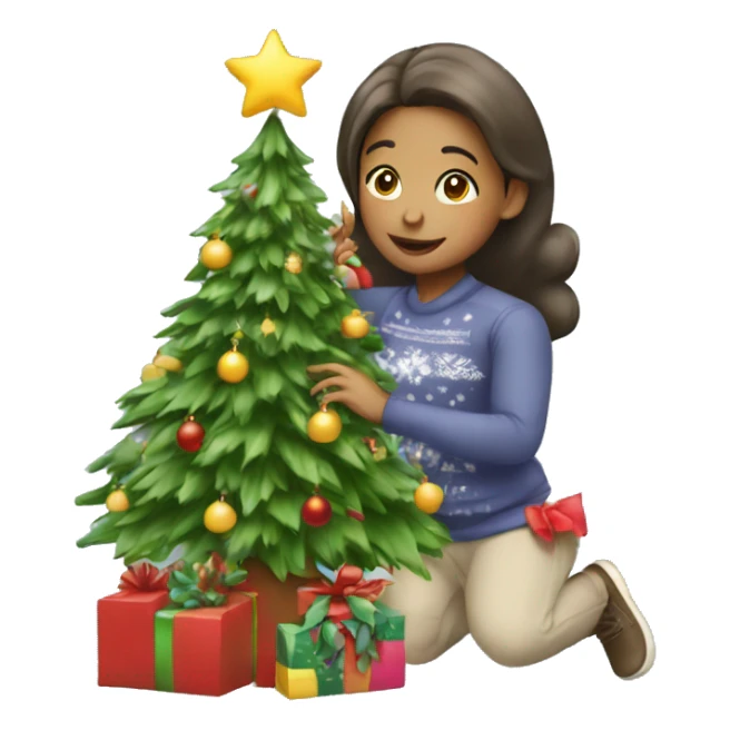Girl decorating Christmas tree sticker