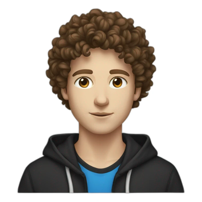 white young guy brown curly hair split blue eyes black hoodie sticker