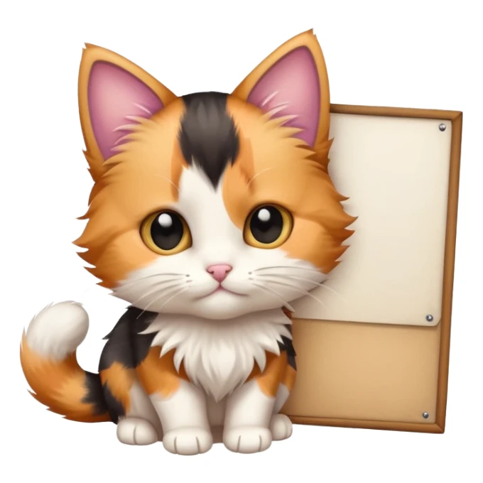 Calico kitten holding a large blank sign sticker