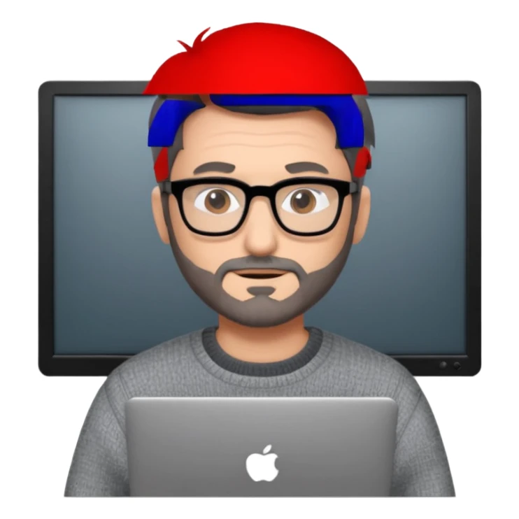 Profesor de pelo gris marrón oscuro con gafas un poco de barba jersey gris y un ordenador los óleos son marrones con poca cantidad de pelo sticker