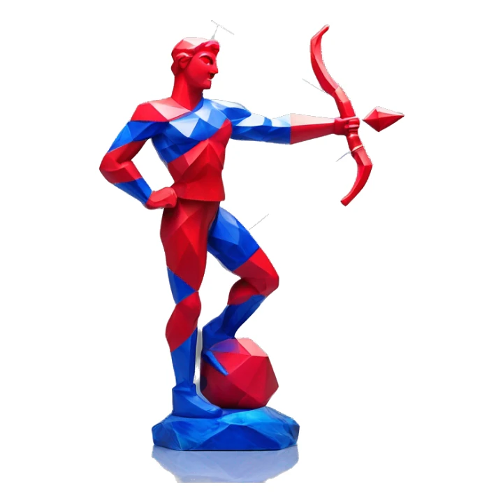 A Sagittarius sculpture with a geometric, faceted design. The Sagittarius is standing upright with angular and baroque features. The vibrant red and blue flame colors highlights the sharp edges and planes. Only 2 legs, clear features sticker