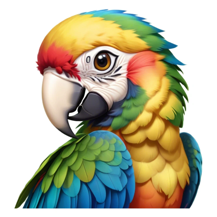 Cinematic Cute Macaw Portrait Emoji, Head tilted playfully and inquisitively, with a dazzling array of colorful plumage and round, sparkling eyes filled with charm, Simplified yet irresistibly adorable features, highly detailed, glowing with a warm, friendly tropical glow, high shine, affectionate and lively, stylized with a touch of whimsical vibrancy, bright and endearing, soft glowing outline, capturing the essence of a mischievous yet loving parrot that seems as if it could flutter out of the screen into your arms! sticker