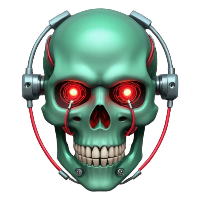 Cyberpunk shield, skull with cybernetic implants, glowing wires, dark green and red tones, no background sticker