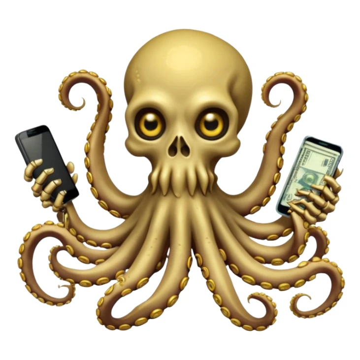 Intimidating octopus skeleton. Evil looking eyes, wearing a gold necklace. 3 tentacles are holding their own cellphone with one held to the side of its face as if its on a phone call, 2 other tentacles are holding stacks of money sticker