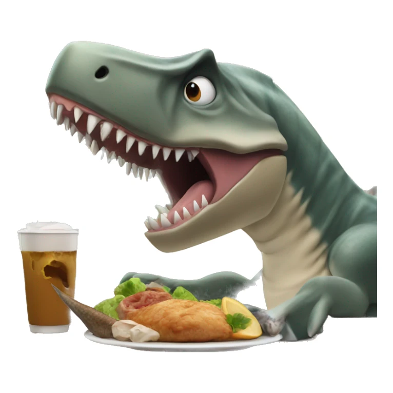 Dinosaur eating a shark tail in a restaurant  sticker