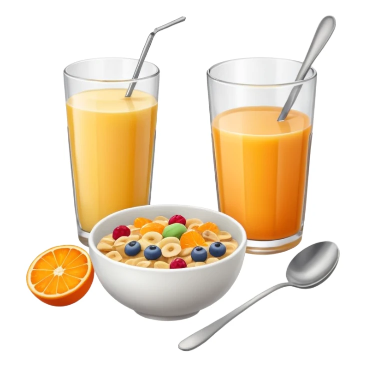 A glass of juice and a bowl with cereals sticker