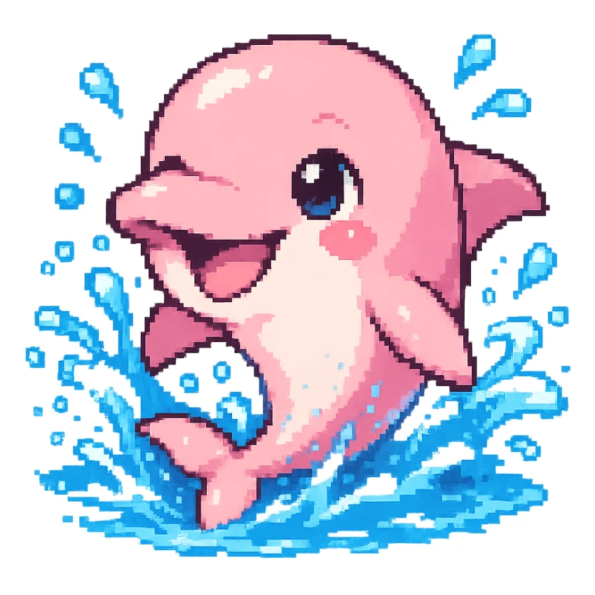 pink dolphin playfully swimming, water effects, happy expression, anime style, transparent background, 128x128 pixels sticker
