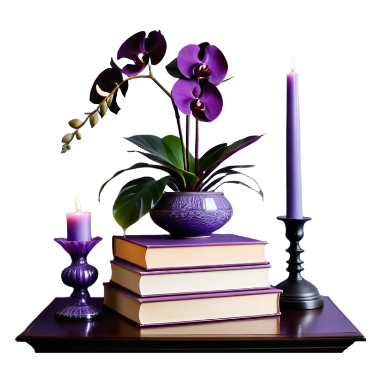 A sophisticated and artistic still life arrangement: a balanced stack of hardcover books in light and dark violet tones, their spines aligned in harmonious contrast. A lavender-colored monstera plant flourishes beside them, its uniquely shaped leaves adding a touch of organic beauty. A deep purple orchid glass candle holder glows gently, radiating warmth. To enrich the composition, a decorative amethyst crystal catches the light, a soft plum-colored linen cloth cascades from the table’s edge, and a delicate lavender-scented candle completes the ambiance of refined tranquility. sticker