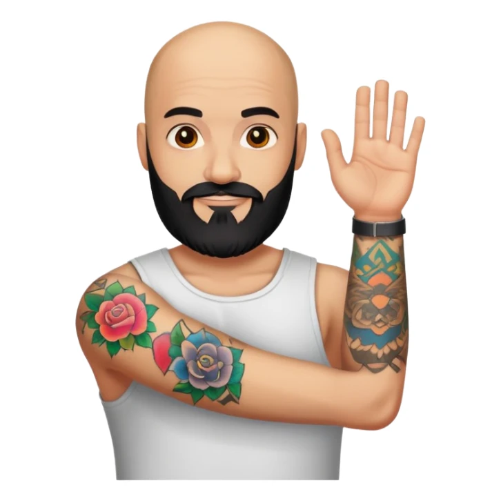 Bald man with black beard colorful tattoo on forearm only saying hi sticker
